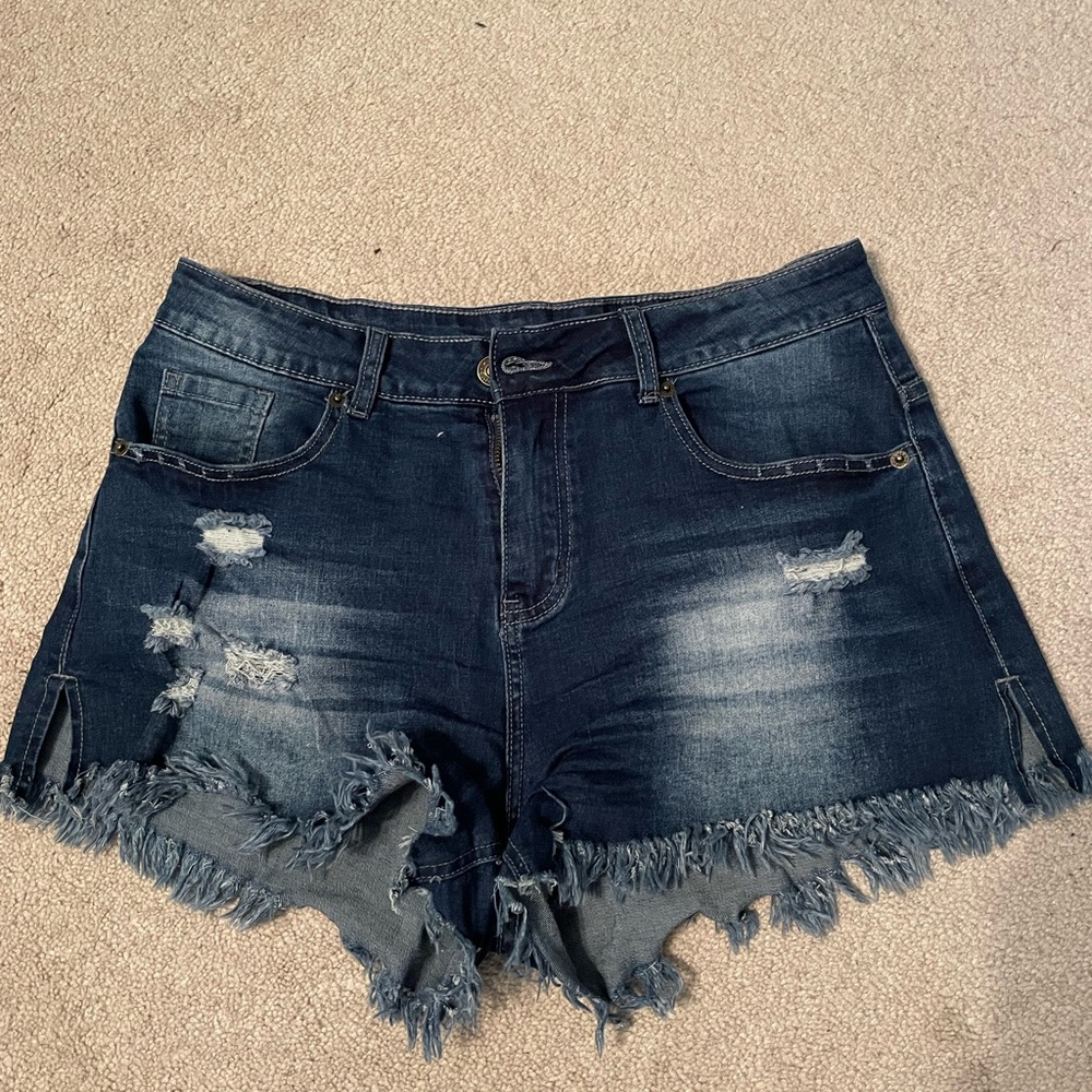 MODARANI Womens Denim Shorts Cut Off Dark Blue Disstressed Jean short